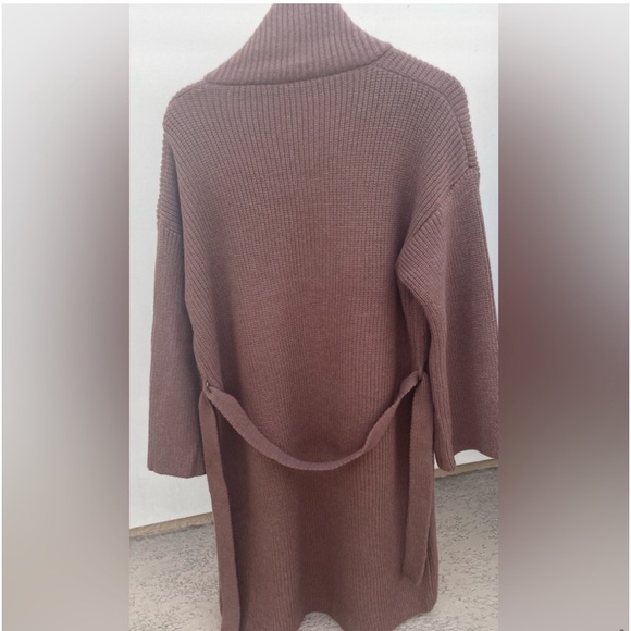 Chunky Below Knee Rib Belt Pocket Brown Cardigan Coat Maxi duster long sweater - Picture 6 of 10